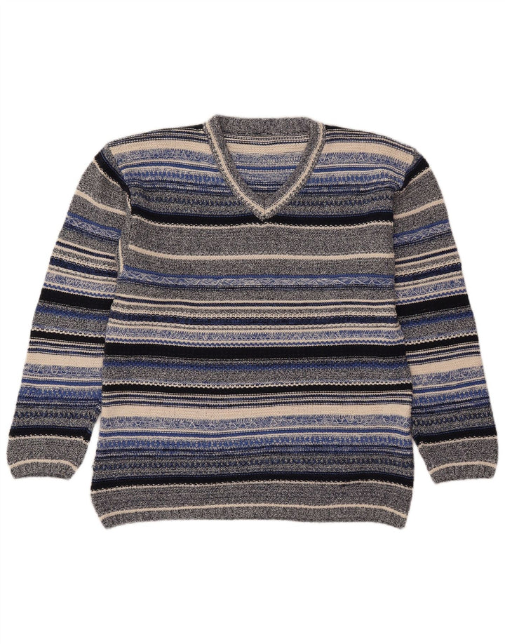 Pulover vintage pentru femei cu decolteu în V UK 14 Medium, multicolore, cu dungi