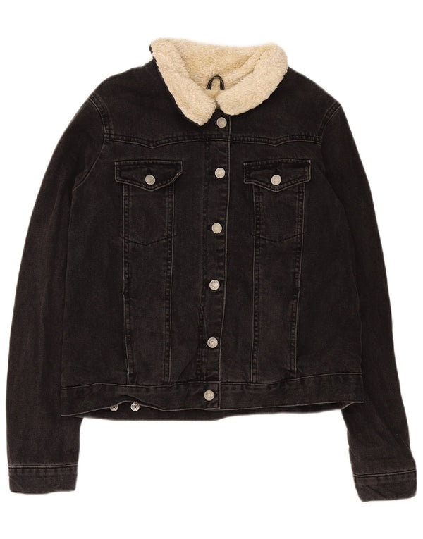 Topshop Jachetă Sherpa de denim pentru femei UK 16, mare, negru, bumbac