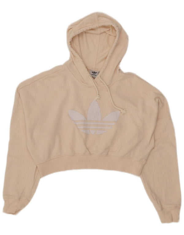 Adidas Womens Crop Graphic Oversized Hoodie Jumper UK 4 XS Beige Cotton