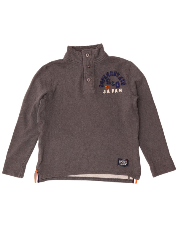 Pulover pentru bărbați Superdry, cu grafică, cu gât cu nasturi, bumbac mare, gri