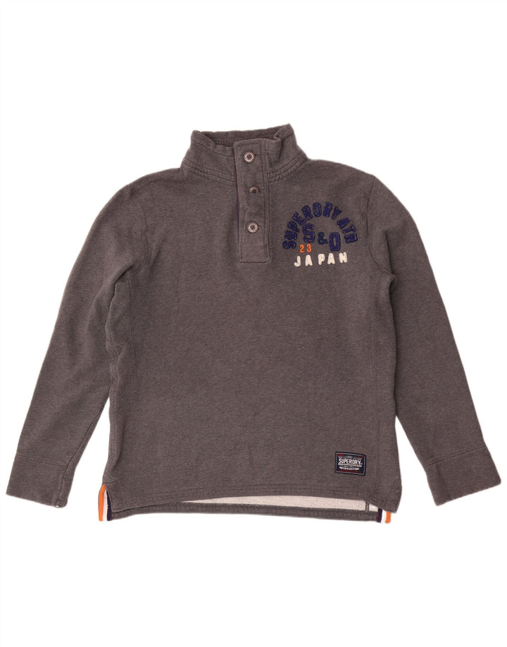 Pulover pentru bărbați Superdry, cu grafică, cu gât cu nasturi, bumbac mare, gri