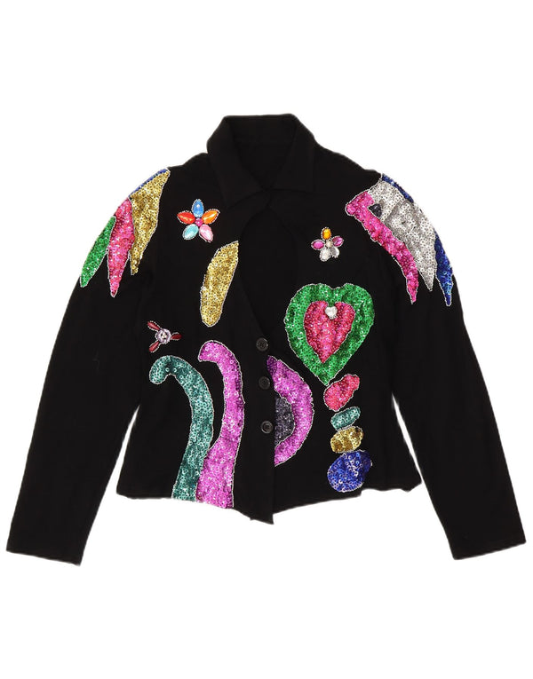 Bluză pentru femei VINTAGE cămașă crop UK 12 Medium Black Floral Spandex