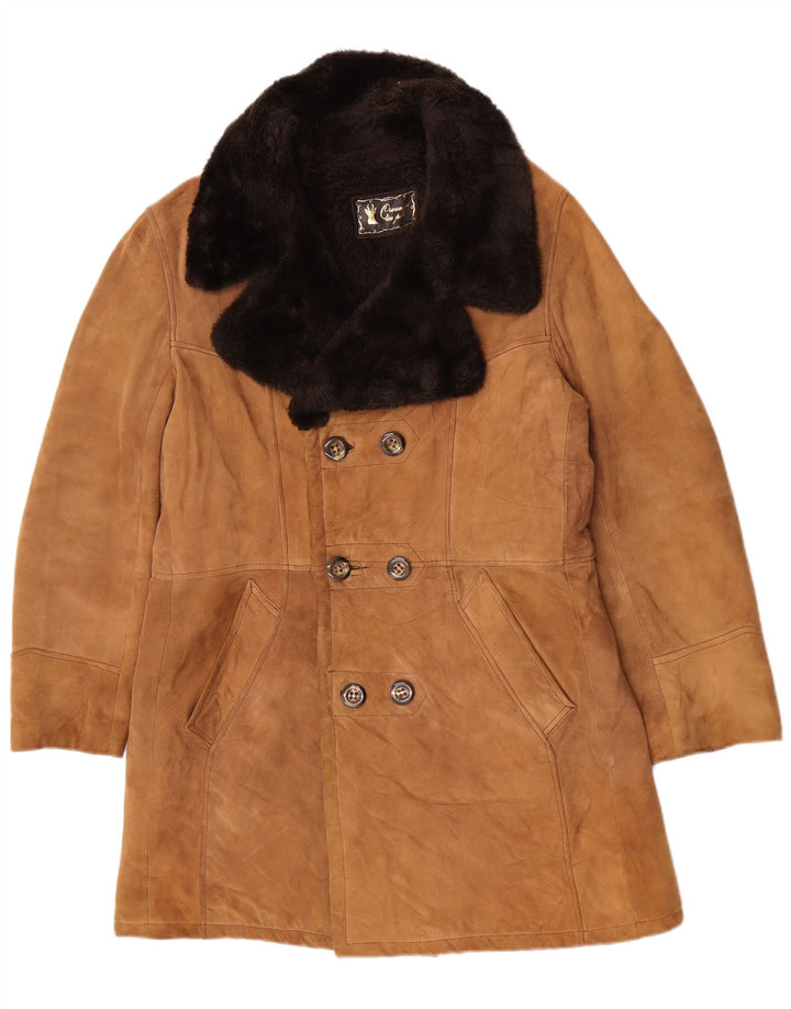 Palton dublu din shearling vintage pentru bărbați UK 36 din piele maro mică