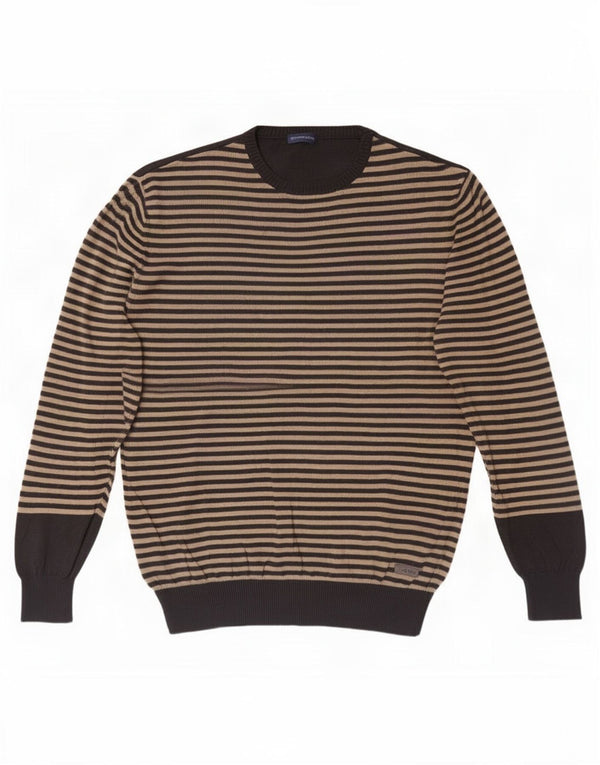 Pulover pentru bărbați Trussardi Jeans cu decolteu triplu, bumbac cu dungi bej 2XL