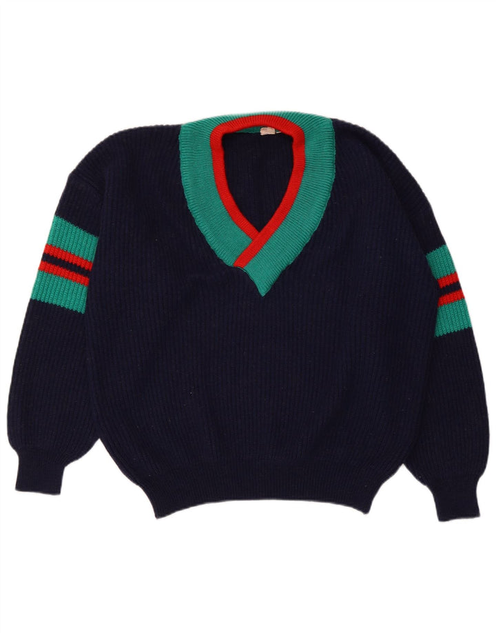 Pulover cu decolteu în V VINTAGE pentru femei IT 48/50 XL bleumarin cu dungi