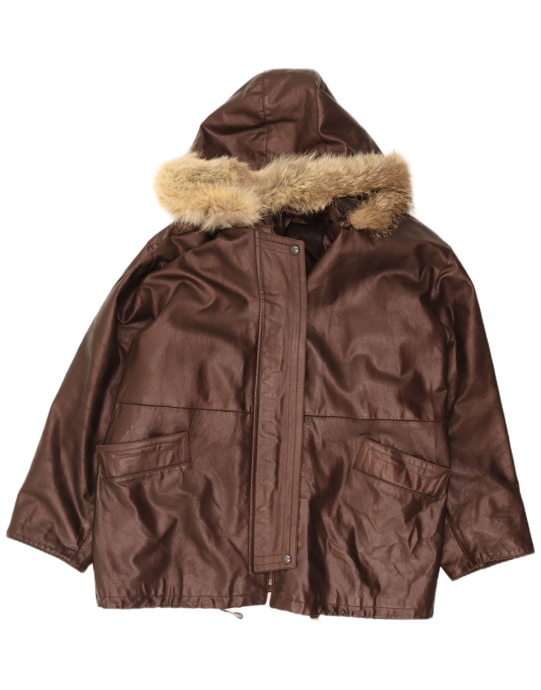 Jachetă de piele supradimensionată cu glugă vintage pentru femei IT 48 XL maro