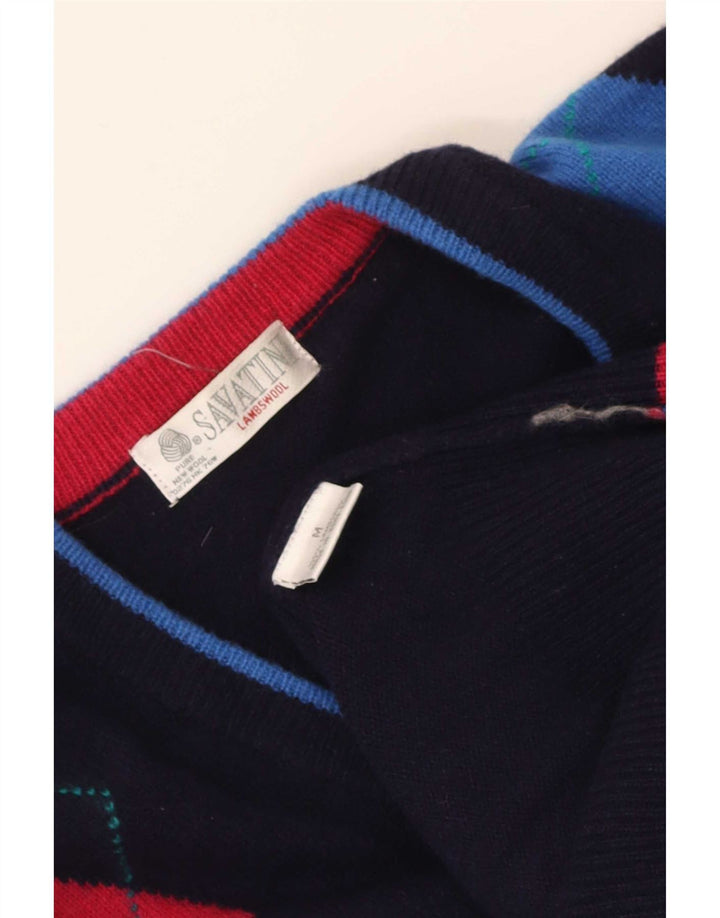 Pulover vintage pentru bărbați cu decolteu în V, mijlociu, albastru marin Argyle/Diamond
