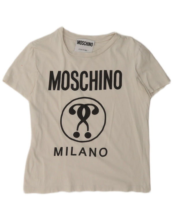 Tricou cu grafic Milano Moschino pentru femei Top UK 14 Bumbac alb mediu