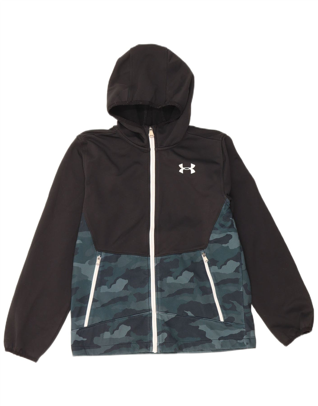 Pulover cu capotă cu fermoar Under Armour pentru băieți 11-12 ani, camuflaj mare, negru