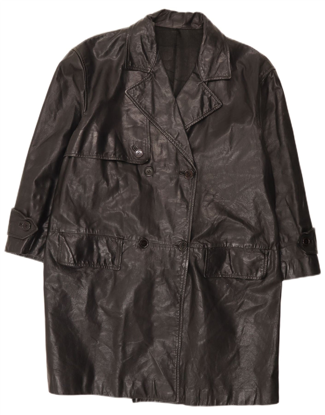 Palton de piele vintage pentru femei, cu croială relaxată, cu două piept, IT 42 mediu negru