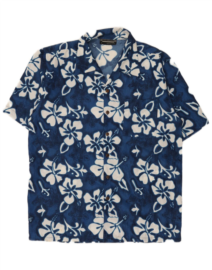 Cămașă vintage pentru bărbați cu mânecă scurtă, albastru, poliester floral