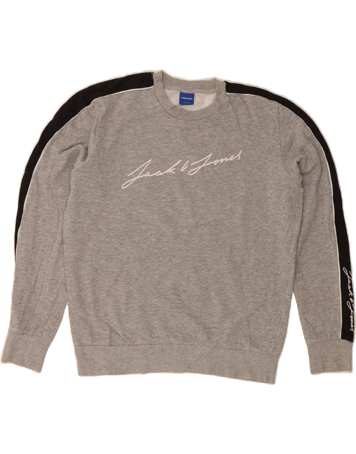 JACK & JONES Mens Graphic Sweatshirt Jumper Medium Grey Colourblock Cotton Vintage Jack & Jones and Second-Hand Jack & Jones from Messina Hembry 
