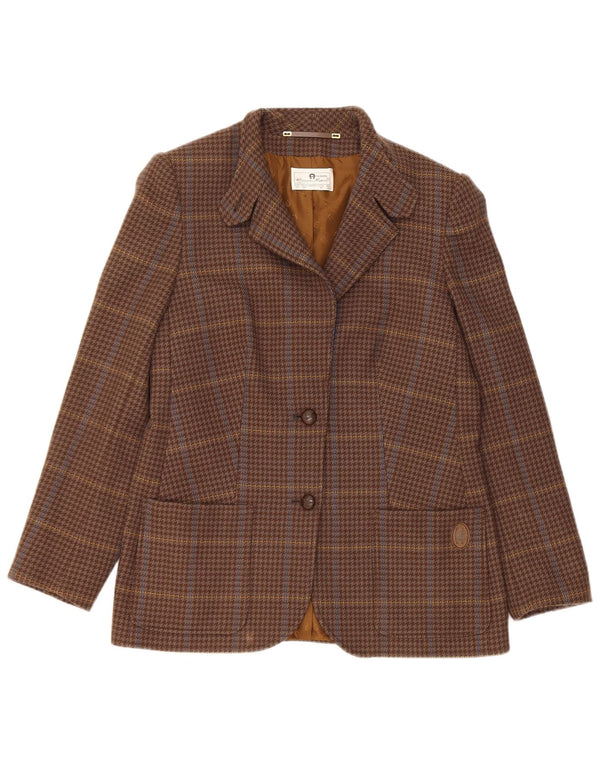Jachetă vintage pentru femei cu 2 nasturi, UK 10, lână cu carouri mici, maro