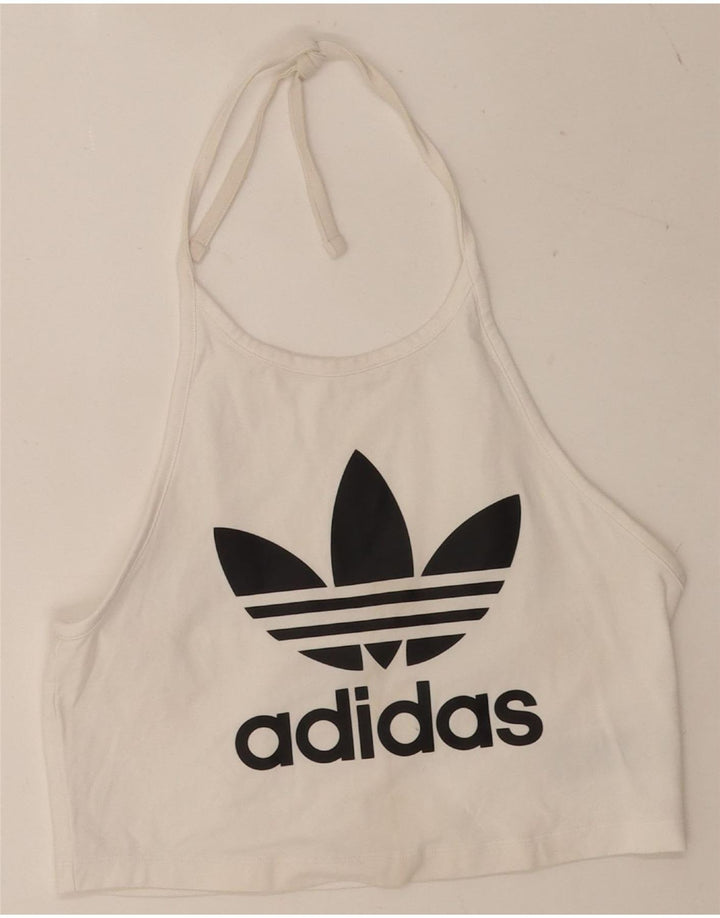 Adidas Crop Graphic Halter Top pentru femei UK 14 Bumbac alb mediu