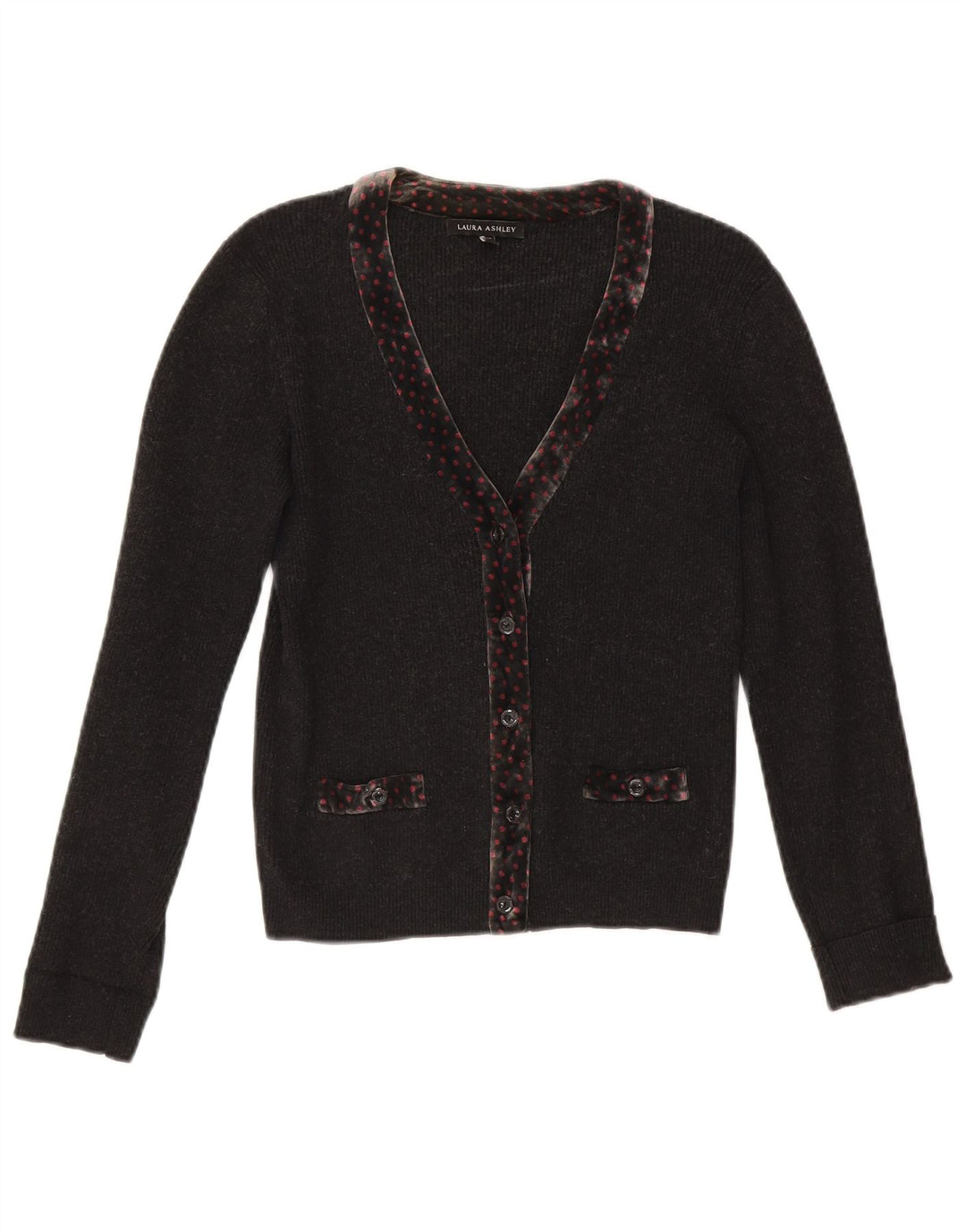 LAURA ASHLEY Womens Crop Cardigan Sweater UK 10 Small Grey Spotted Cotton