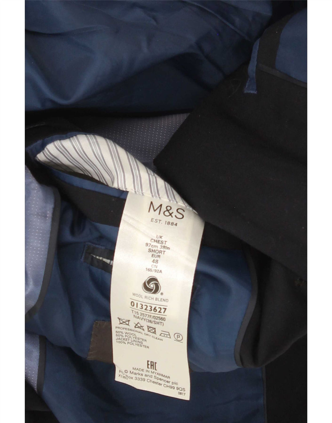 Jachetă pentru bărbați Marks & Spencer, cu 2 nasturi, UK 38, lână medie, albastru bleumarin
