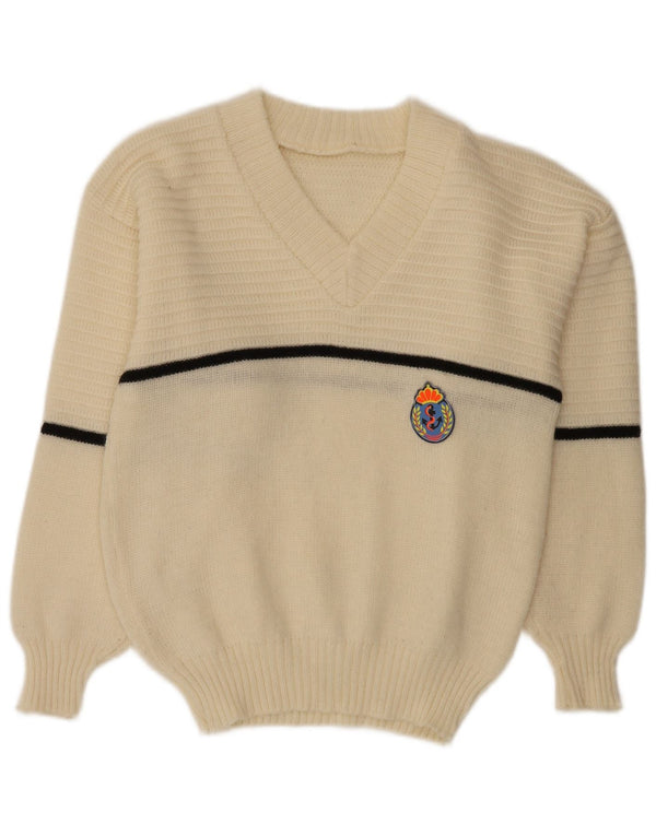 Pulover vintage pentru femei cu decolteu în V UK 16, mare, cu dungi alb