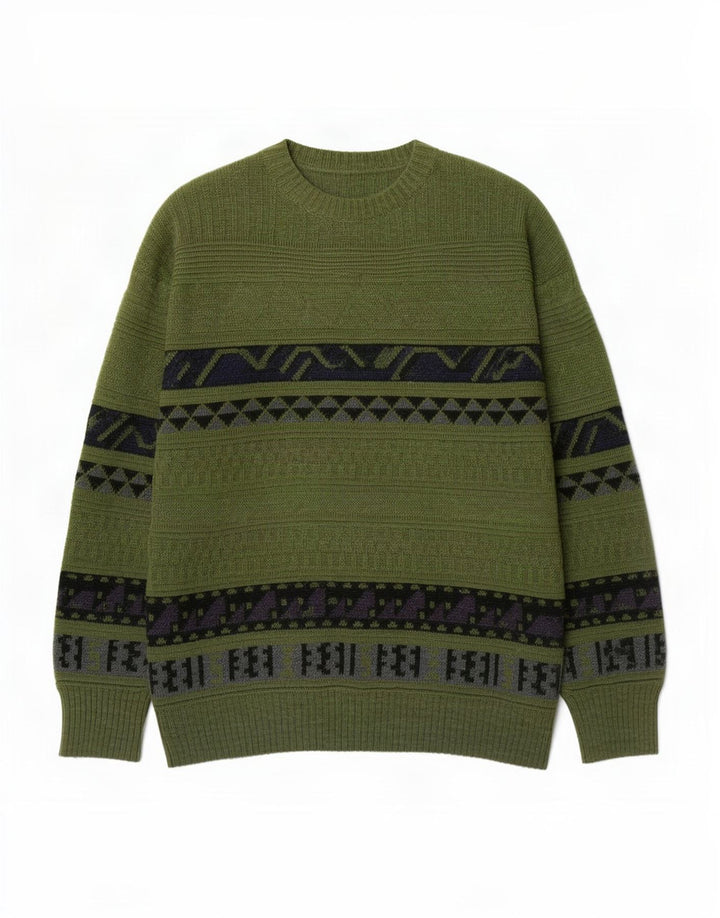 Pulover vintage pentru bărbați cu decolteu triplu, verde mediu geometric