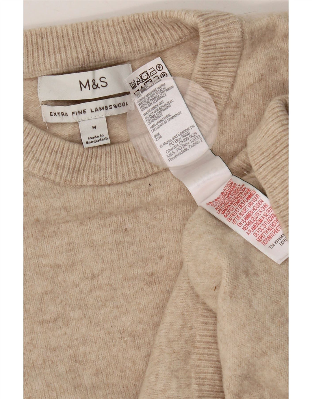 Pulover pentru bărbați Marks & Spencer cu gât roșu din lână de miel, bej mediu