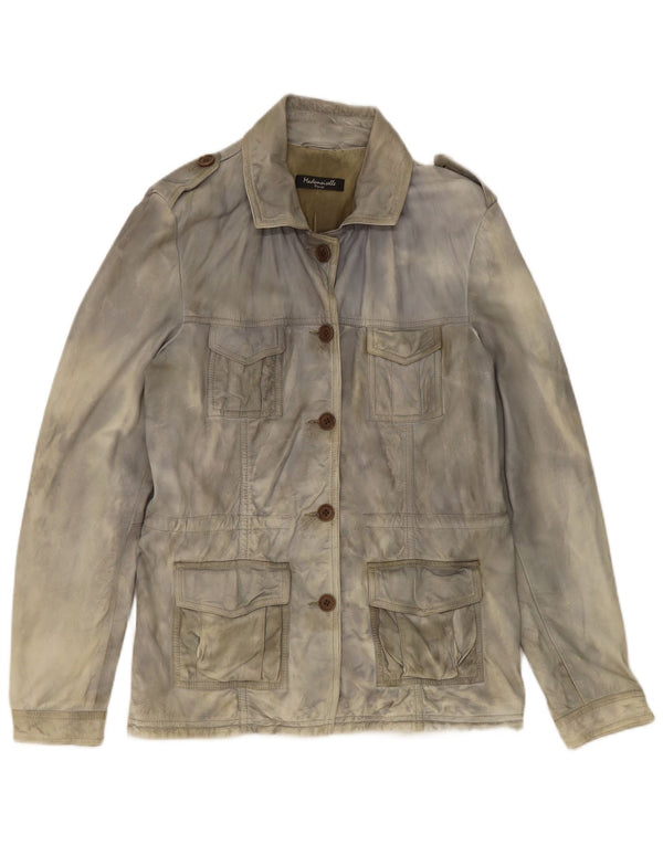Jachetă de piele vintage pentru femei, militară, spălat cu acid, UK 14, mare, gri