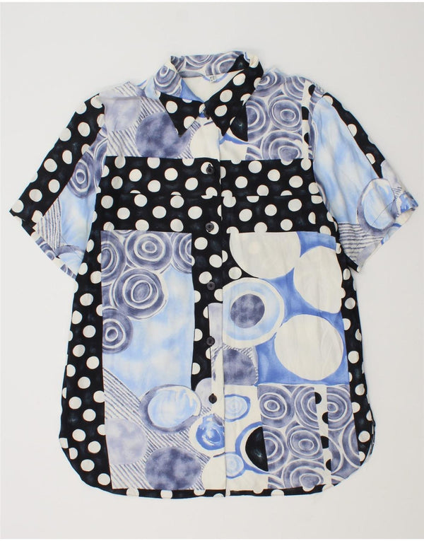 Bluză cămașă cu mânecă scurtă pentru femei vintage UK 14, mare, albastru, viscoză