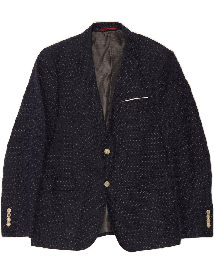 PENGUIN Mens 2 Button Blazer Jacket UK 40 Large Navy Blue Spotted Linen Vintage Penguin and Second-Hand Penguin from Messina Hembry 