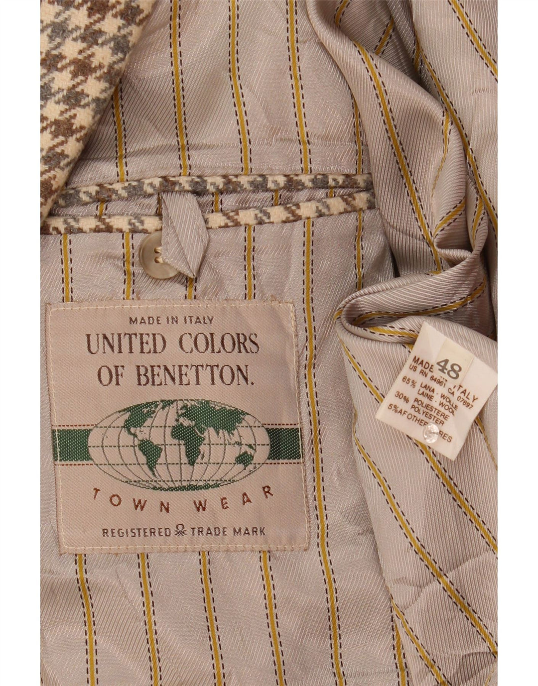 Jachetă Benetton pentru bărbați, cu 2 nasturi, IT 48, lână cu picior de gală, bej mediu