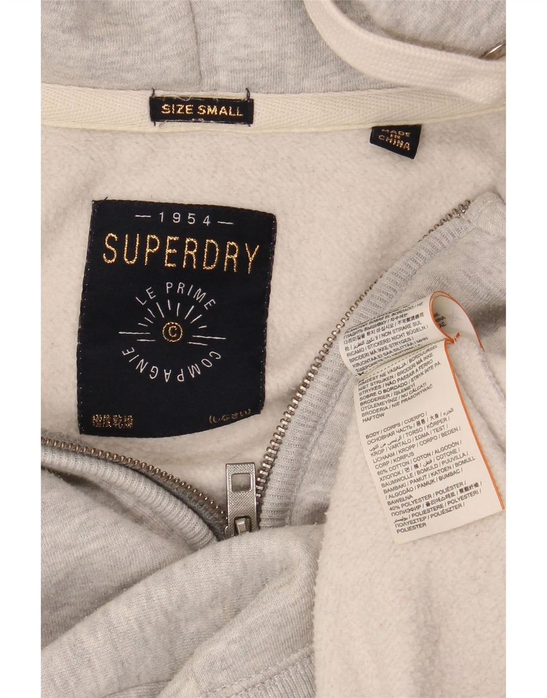 SUPERDRY Pulover cu capota cu fermoar grafic pentru bărbați, bumbac cu pete gri mic