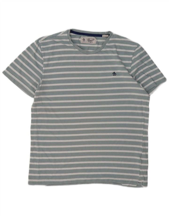 PENGUIN Womens T-Shirt Top UK 14 Medium Blue Striped Cotton