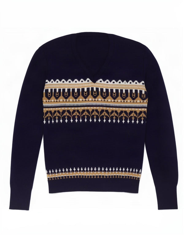 Pulover vintage pentru femei cu decolteu în V UK 12 Medium Bleumarin Fair Isle