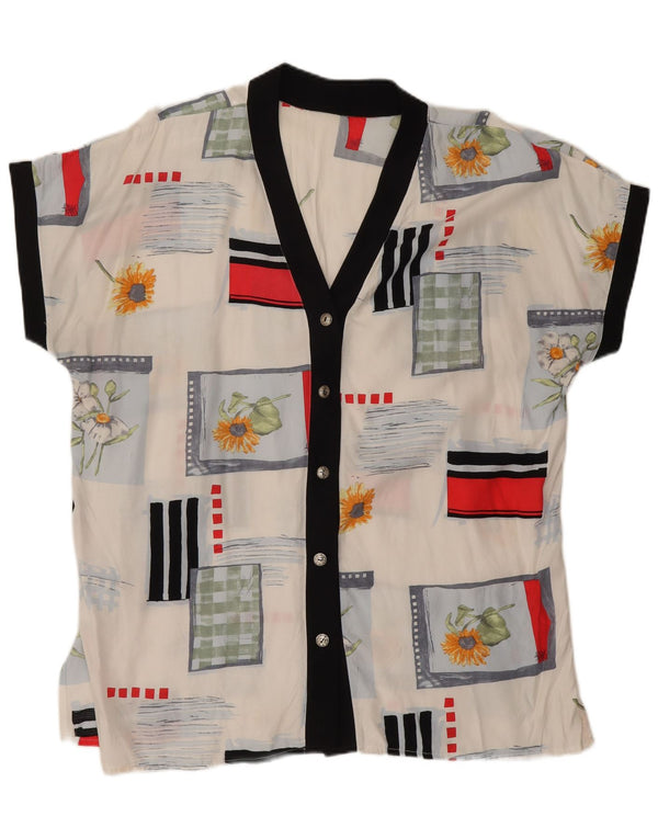 Bluză vintage pentru femei cu mânecă scurtă, cămașă UK 20 2XL, viscoză florală albă