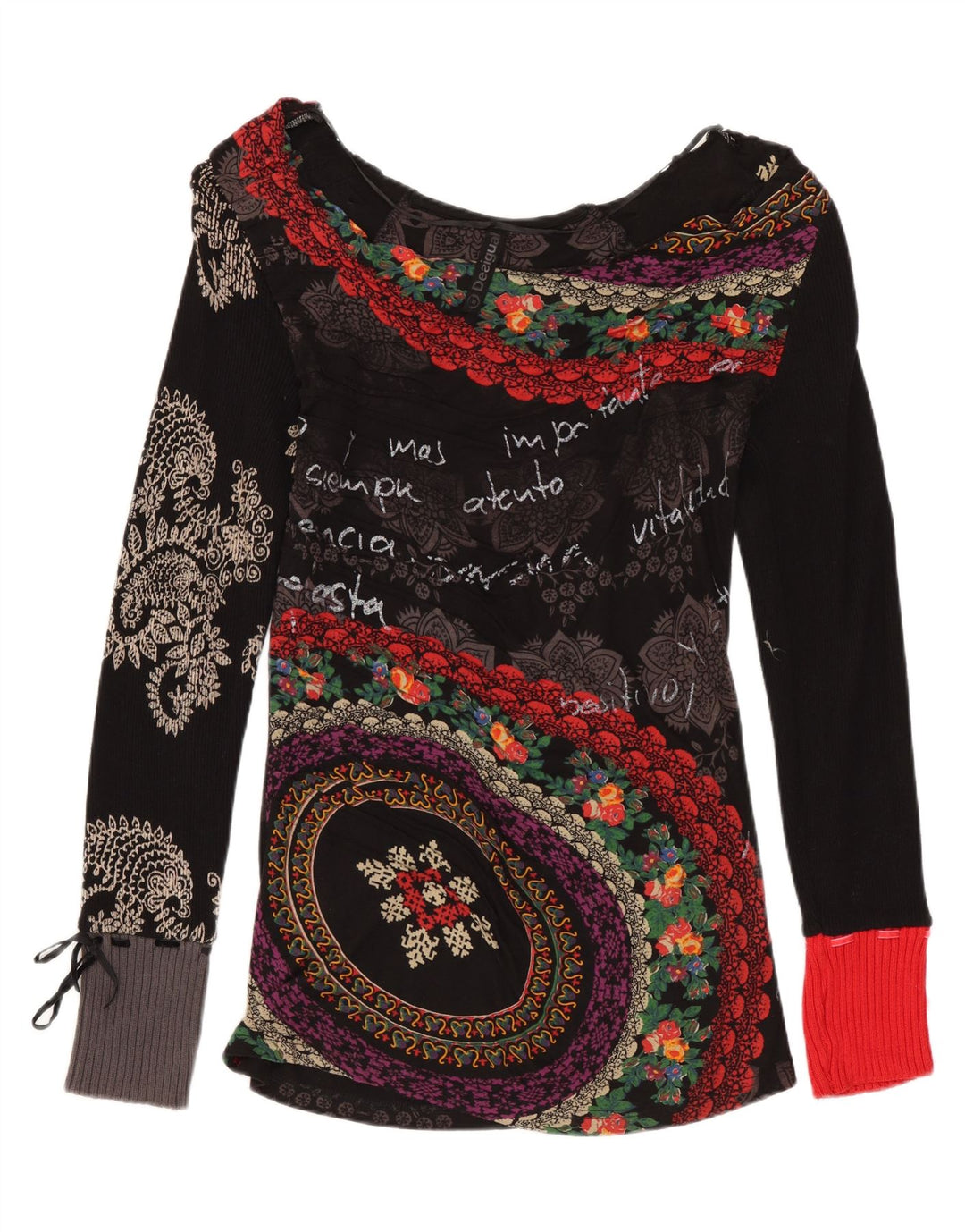 DESIGUAL Top grafic pentru femei cu mânecă lungă UK 12 Medium Black Floral Bumbac