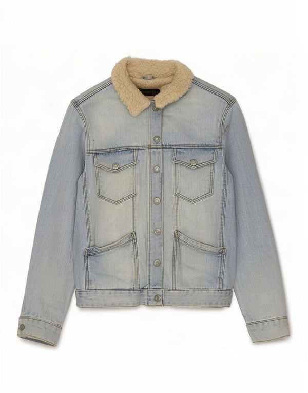 Jachetă de denim Sherpa Topshop pentru femei UK 10 mic, albastru, bumbac color bloc