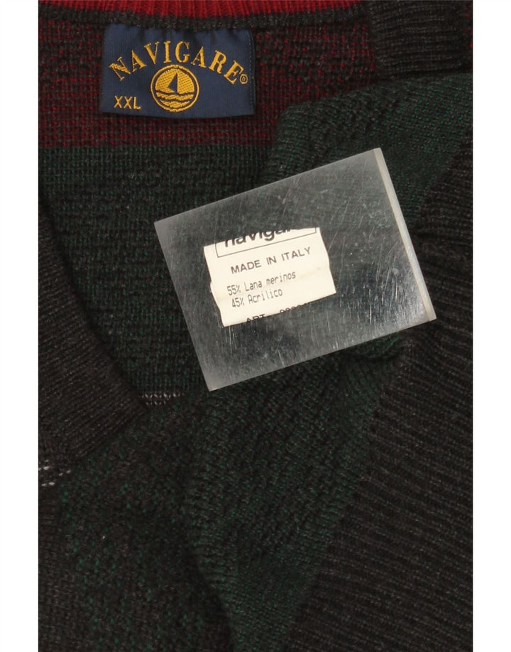 NAVIGARE Pulover cu decolteu în V pentru bărbați, 2XL, verde, lână merinos Argyle/Diamond