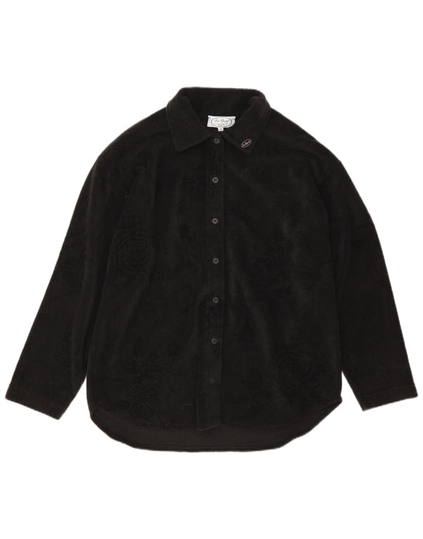 Bluză cămașă din lână vintage pentru femei IT 46 Poliester floral mare negru