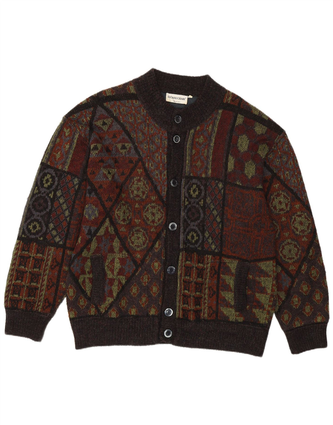 LUCIANO CHIARI Pulover cardigan pentru bărbați IT 52 Lână mare maro mozaic