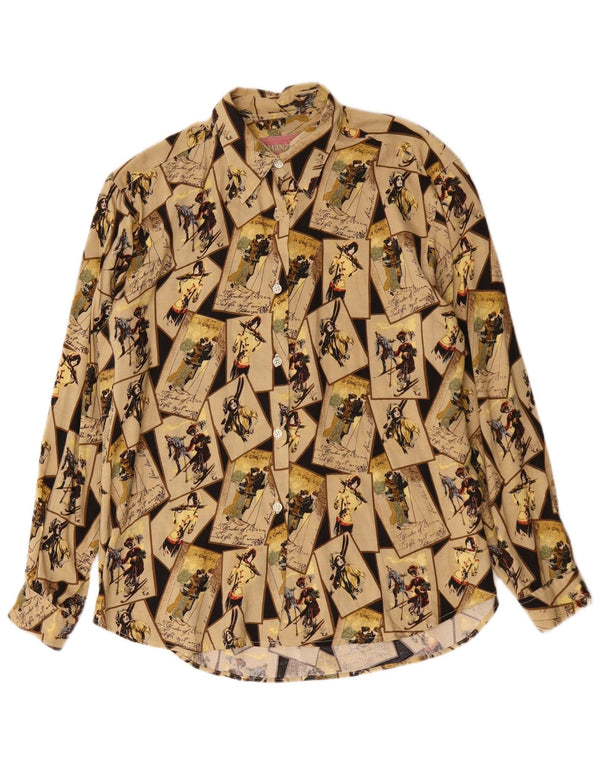HANAITI Womens Graphic Shirt Blouse UK 14 Medium Beige Patchwork Viscose