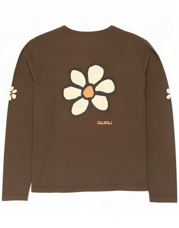 Guru Top grafic pentru femei cu mânecă lungă UK 14 mare maro bumbac floral