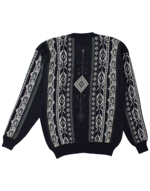 Pulover vintage pentru bărbați cu gât roșu, mare, bleumarin, Fair Isle