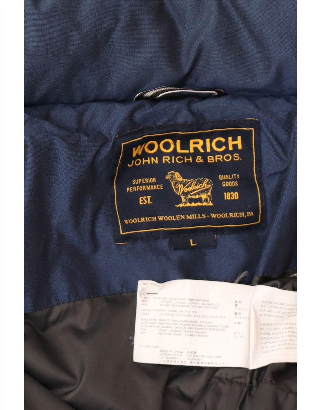 Jachetă căptușită pentru femei Woolrich UK 16 mare, albastru bleumarin, bumbac