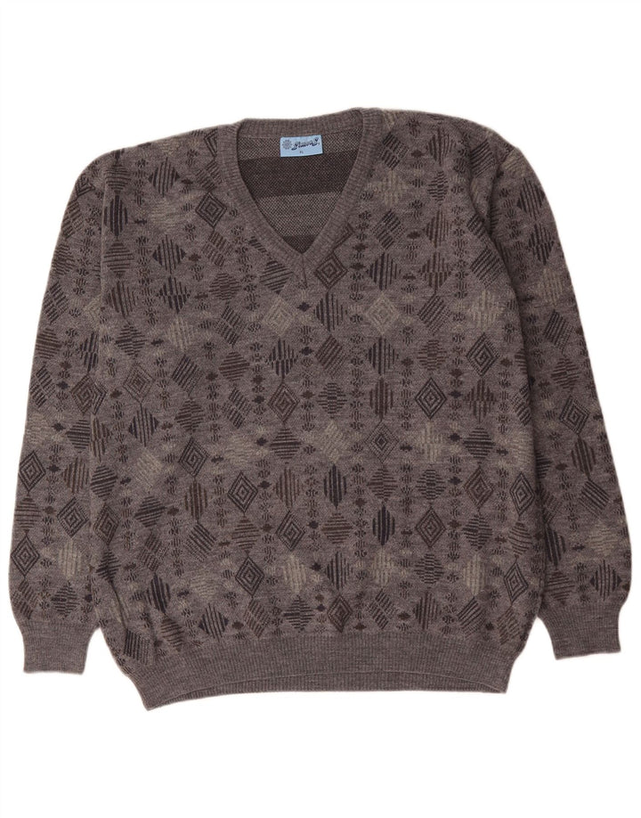 VINTAGE Pulover cu decolteu în V pentru bărbați, XL, gri geometric