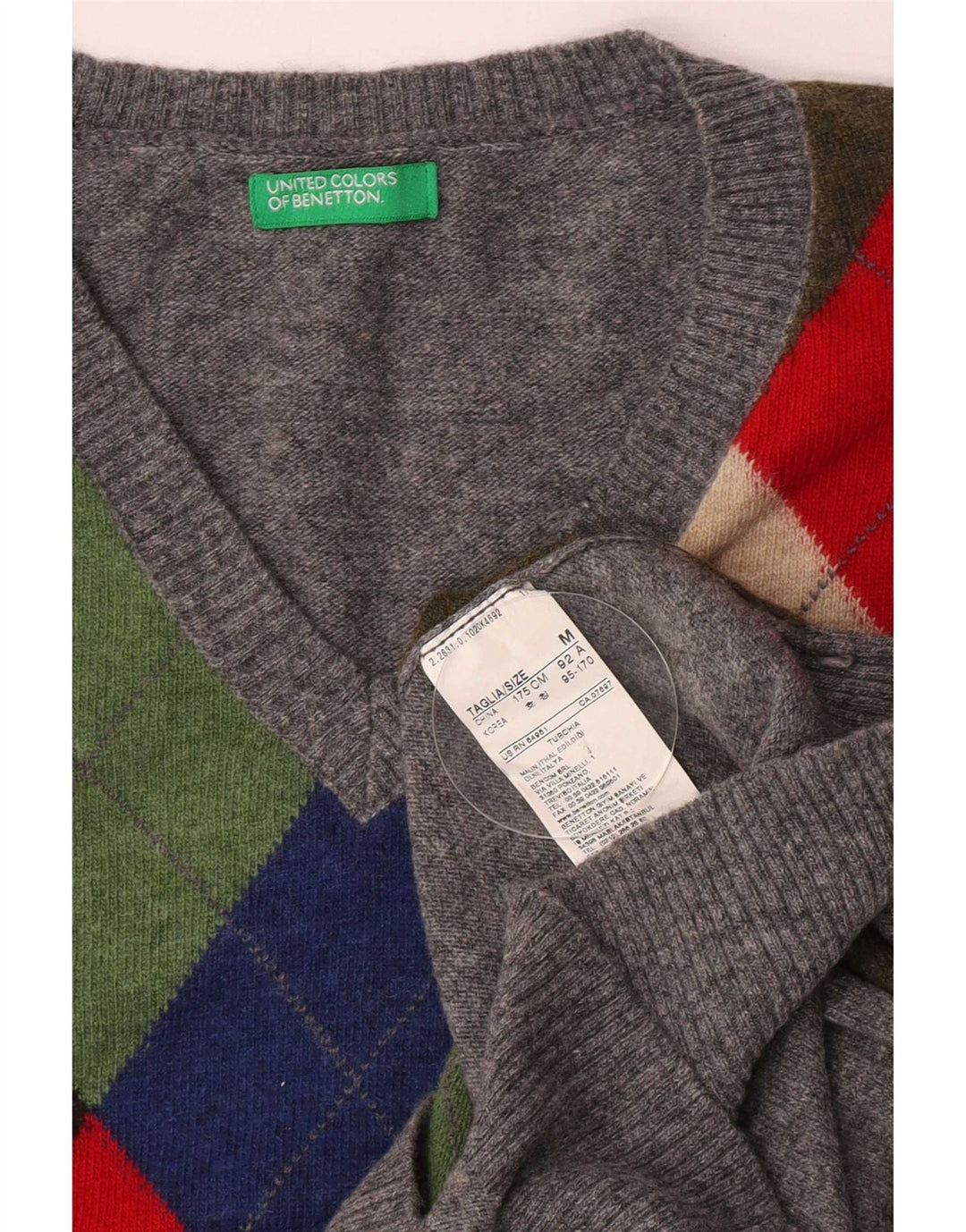Pulover cu decolteu în V Benetton pentru bărbați, gri mediu, lână Argyle/Diamond