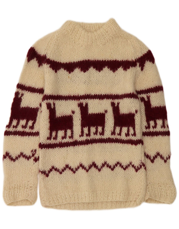Pulover vintage pentru femei cu gât roșu, pulover UK 14 Medium Off White Aztec