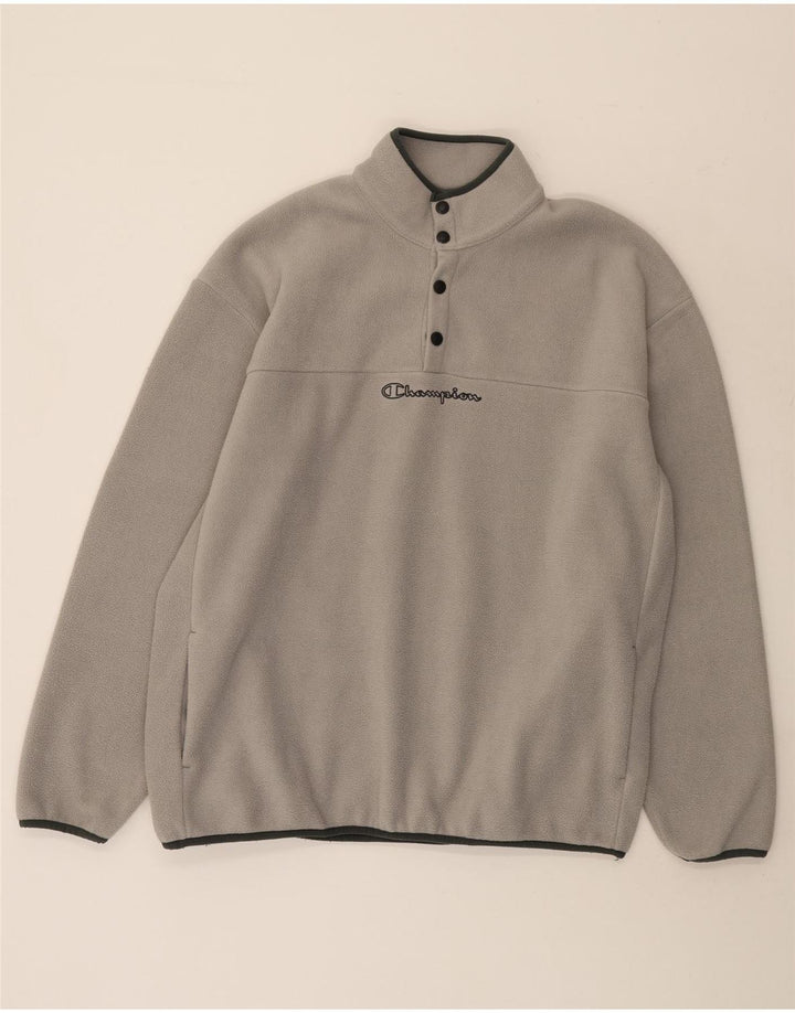 Pulover pentru bărbați Champion, cu gât cu nasturi, fleece, mare, gri, poliester