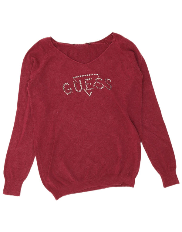 Guess Pulover cu decolteu în V cu grafic pentru femei UK 10 Mic Burgundy Modal