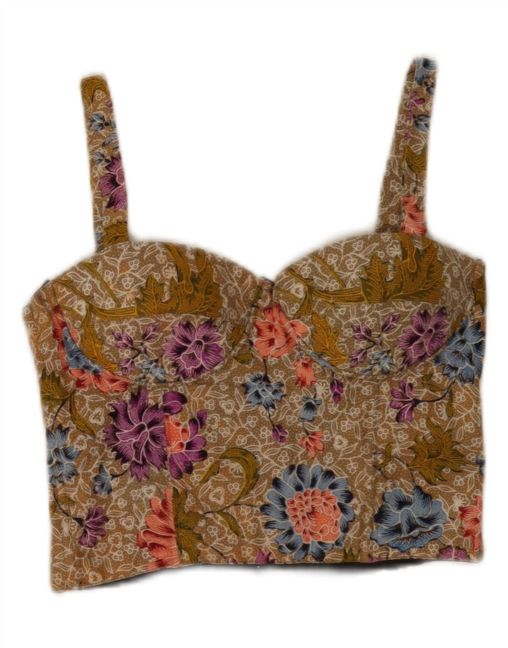 Vintage Crop Cami Top pentru femei UK 12 Medium Khaki Floral