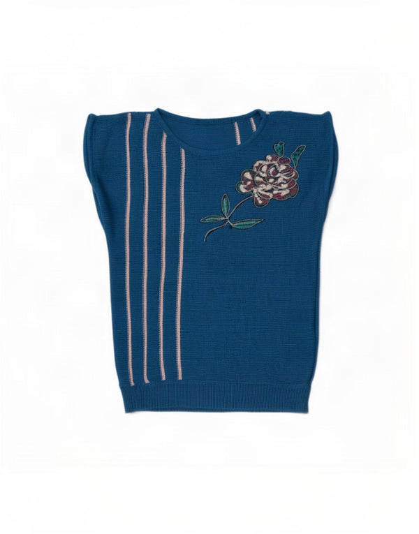 Pulover vintage pentru femei cu gât de barcă UK 14 Medium Blue Dunge