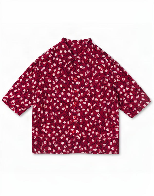 Bluză vintage cămașă cu mânecă scurtă pentru femei UK 20 2XL Roșu Floral