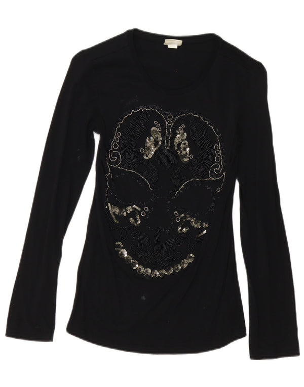 Diesel Womens Graphic Top Long Sleeve UK 8 Small Black Cotton