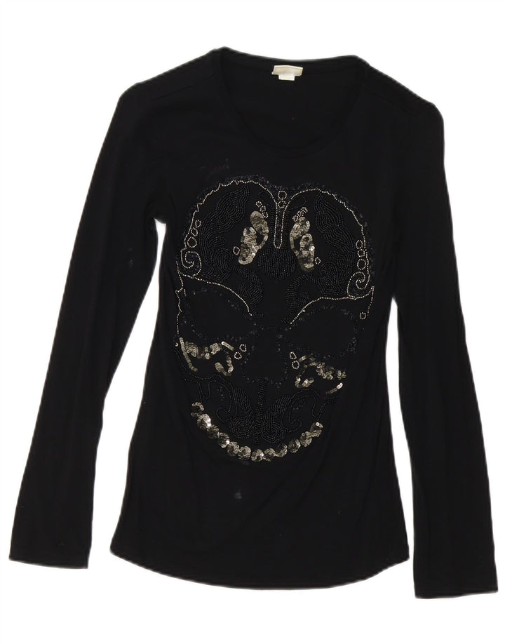Diesel Womens Graphic Top Long Sleeve UK 8 Small Black Cotton